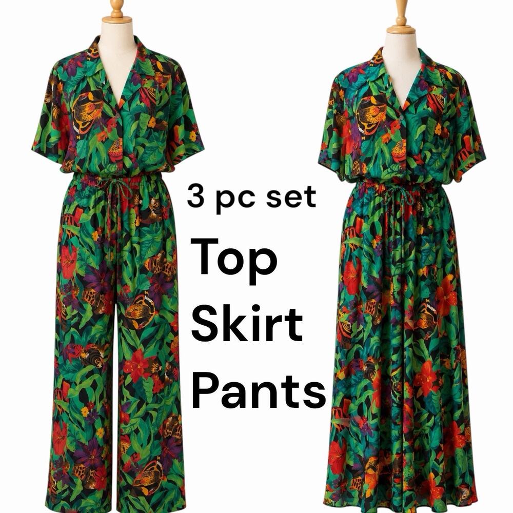 Vintage 90s Carol Little 3 Piece Tropical Rayon Set Top Skirt Pants USA Size 10